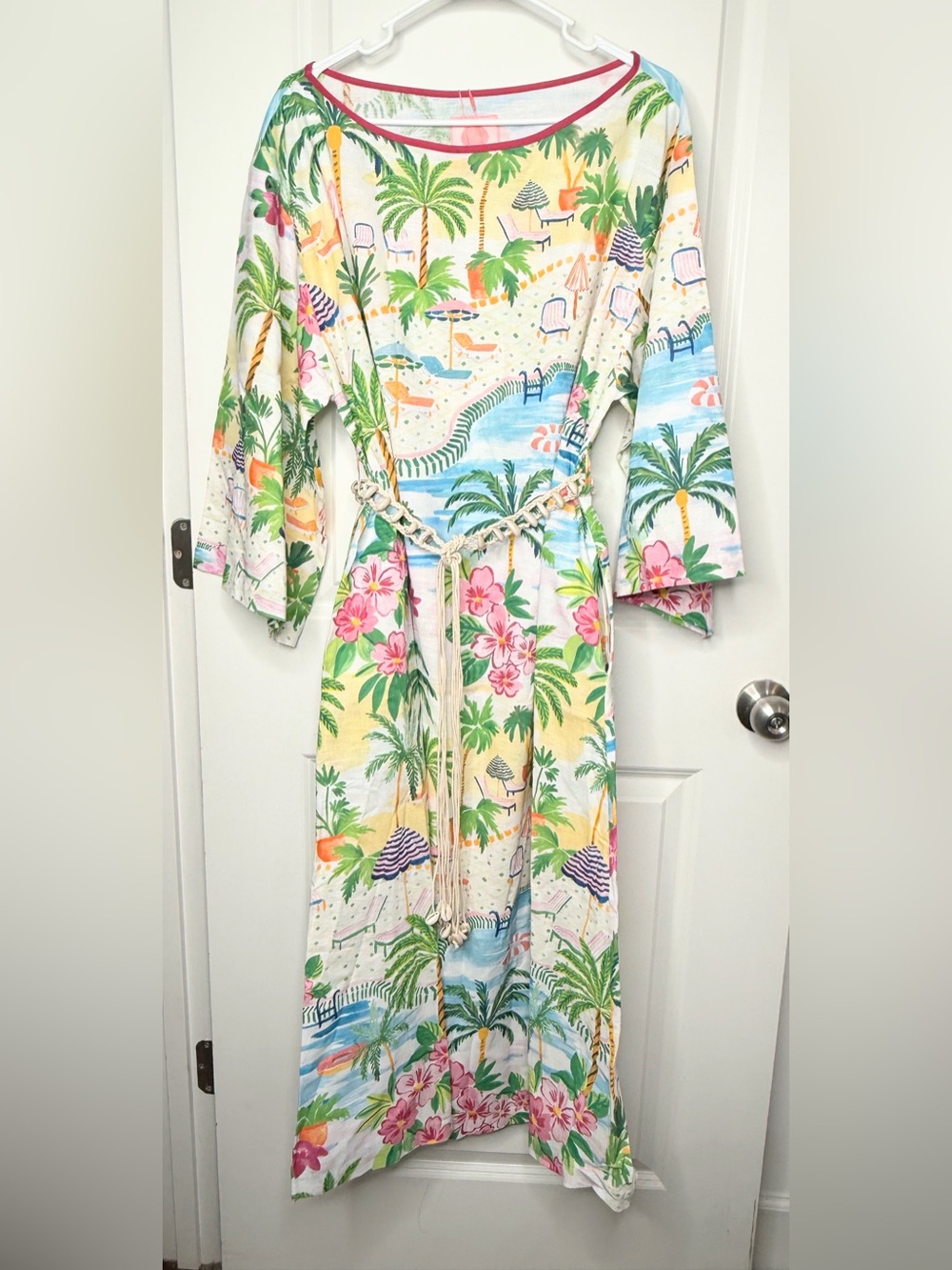 Paradisa Large Linen Blend Tropical Resort Maxi Dress Poolside Palm Floral Belt